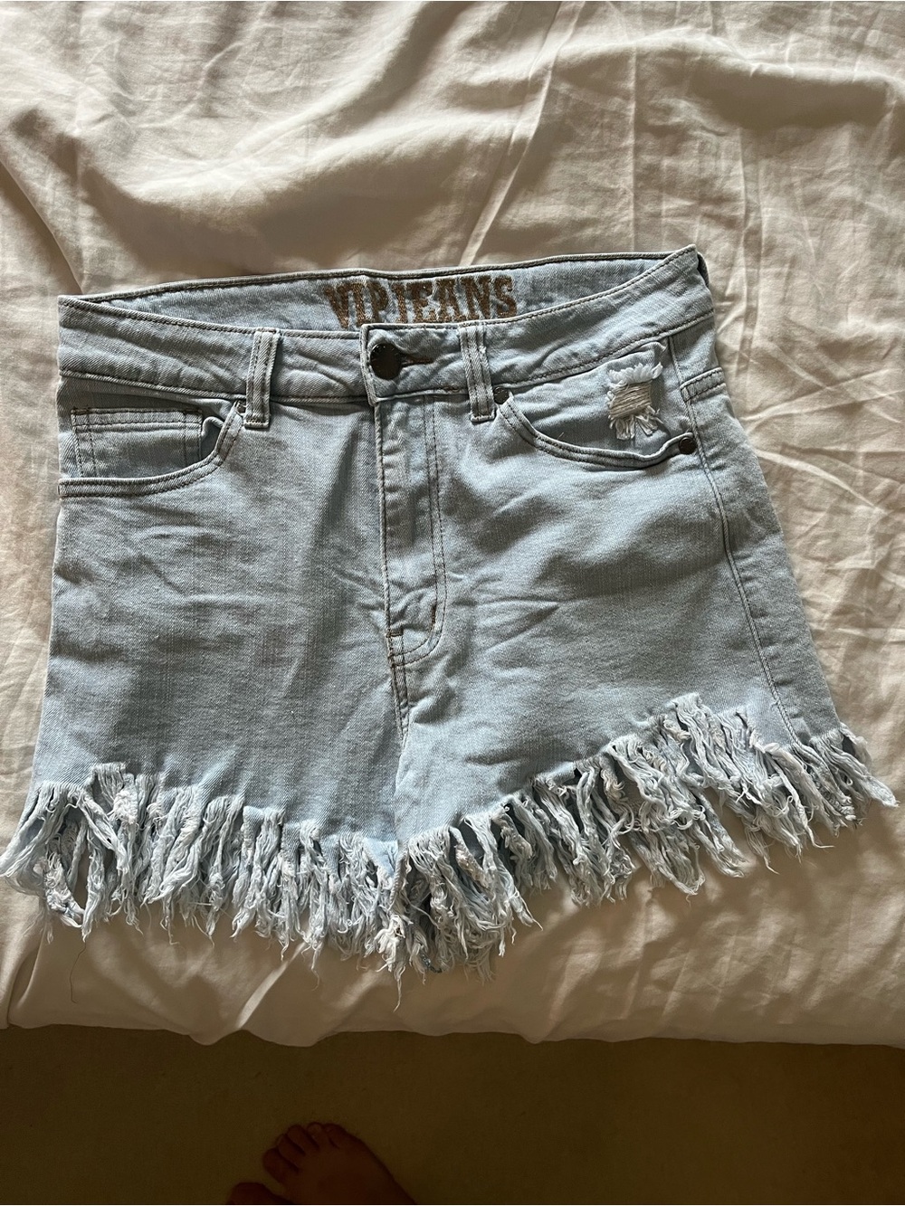VIP Light Blue Distressed Denim Shorts with Frayed Hem